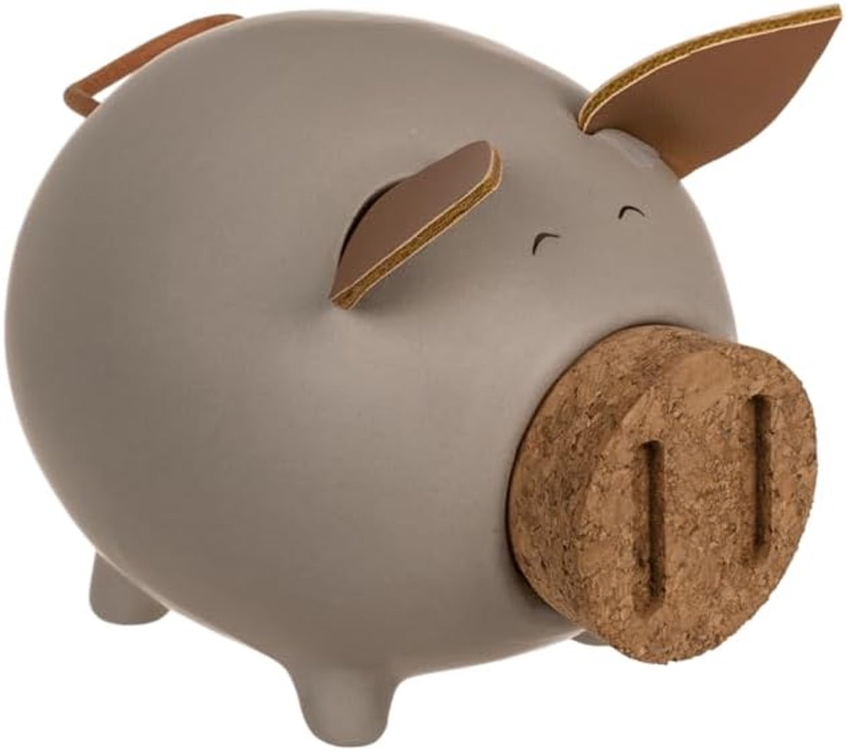 Spaarvarken van keramiek met oren en haas, originele spaarpot met kurksluiting op snuit. (grijs)