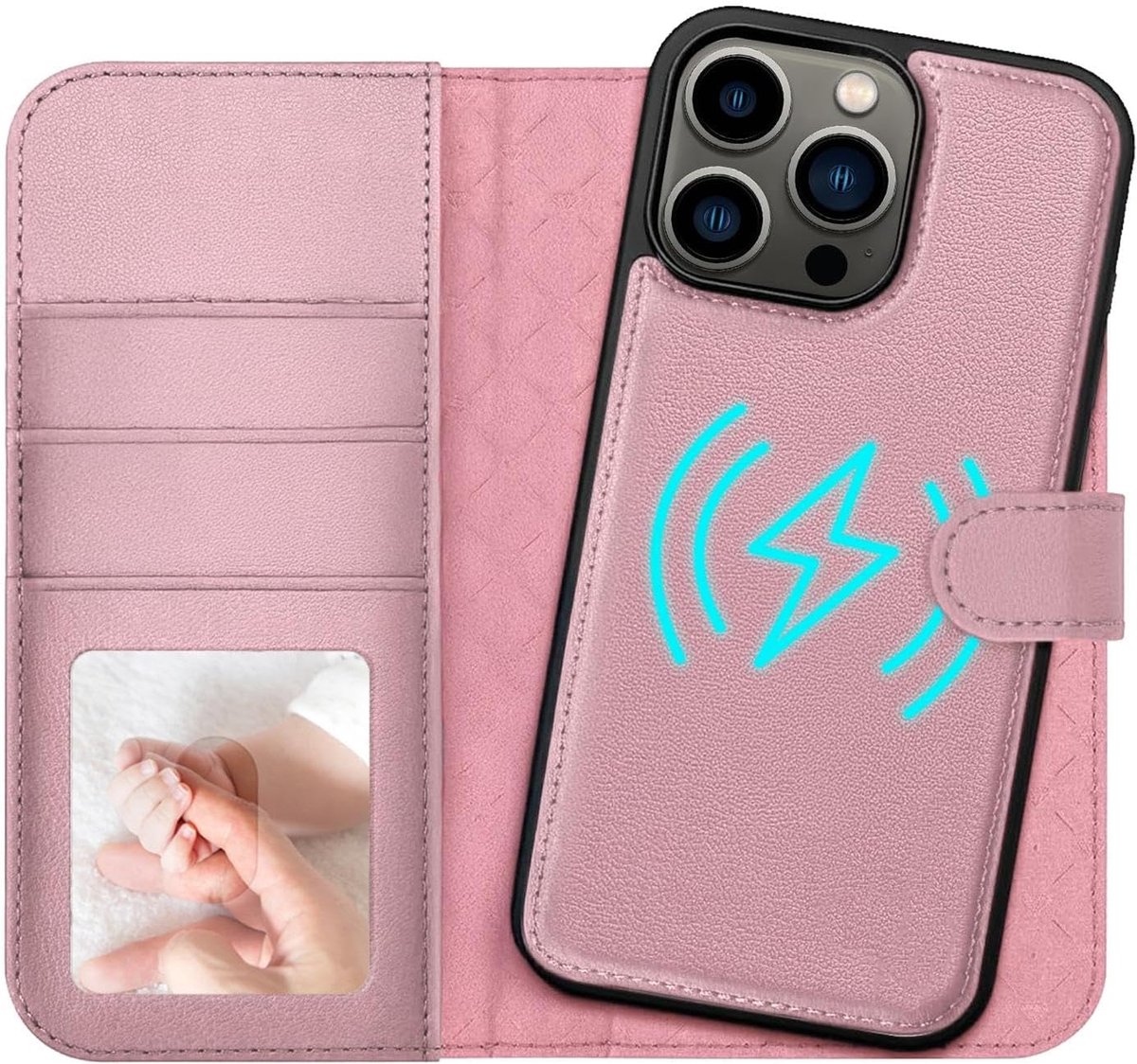 Hoes voor iPhone 13 Pro Case (2-in-1), afneembaar magnetisch telefoonhoes, draadloos opladen, kaartenvak, RFID-beschermhoes, boekstijl, roségoud