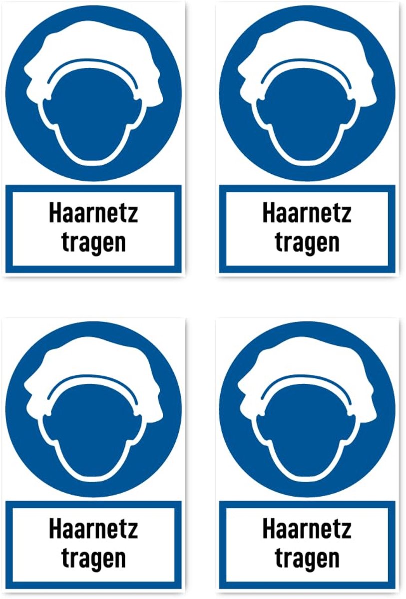 150x100 mm, 4 stuks - haarnetje dragen - biedteken met tekst (Duits) (blauw/wit) - rechtop - DIN EN ISO 7010 / ASR A1.3