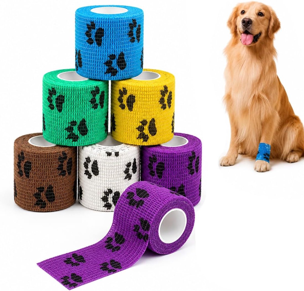 6 rollen zelfklevende elastische bandage voor poten van honden en katten, wegwerp-beschermband voor wonden, anti-lik, ademend, 5 x 450 cm, meerkleurig, TNT