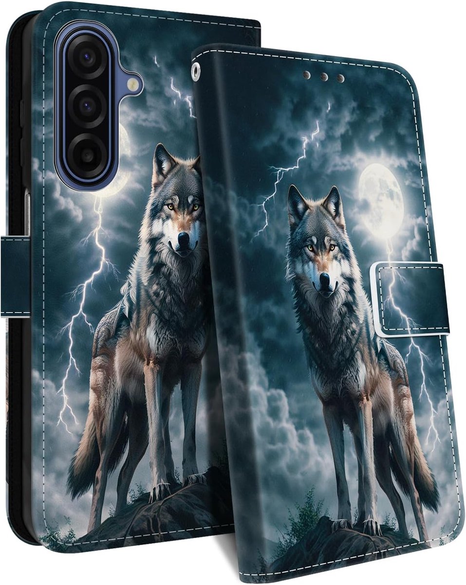 Hoesje voor Samsung Galaxy A17 5G, PU-lederen portemonnee-klaphoesje met magneetsluiting, met kaartsleuf, kickstandaard, polsbandje, patroonhoesje voor Samsung A17 5G, wolf A