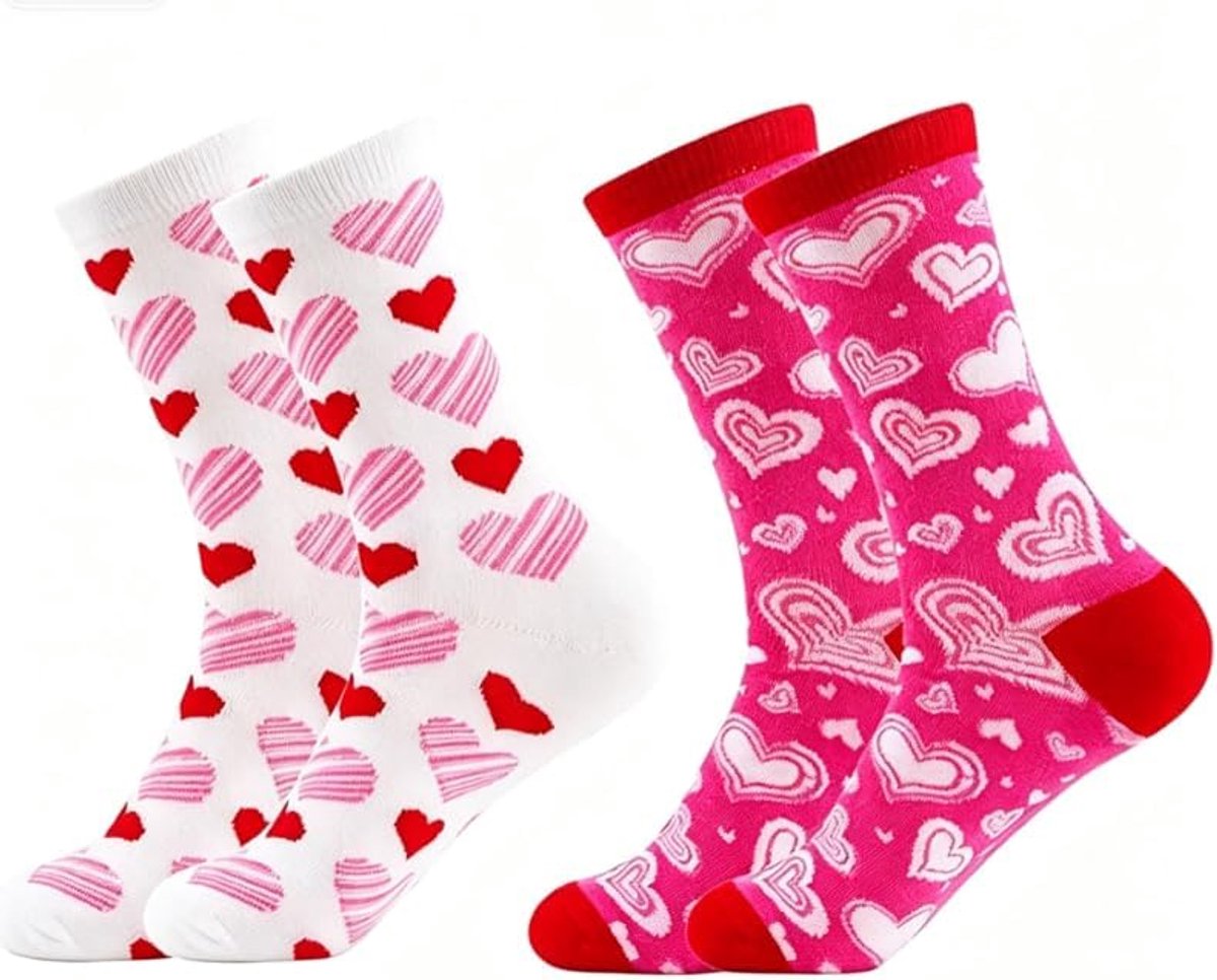 Hartsokken voor dames, set van 2 schattige hartjes, romantische geschenksokken voor Valentijnsdag, verjaardag en vriendin, zachte katoenen sokken in crew-stijl