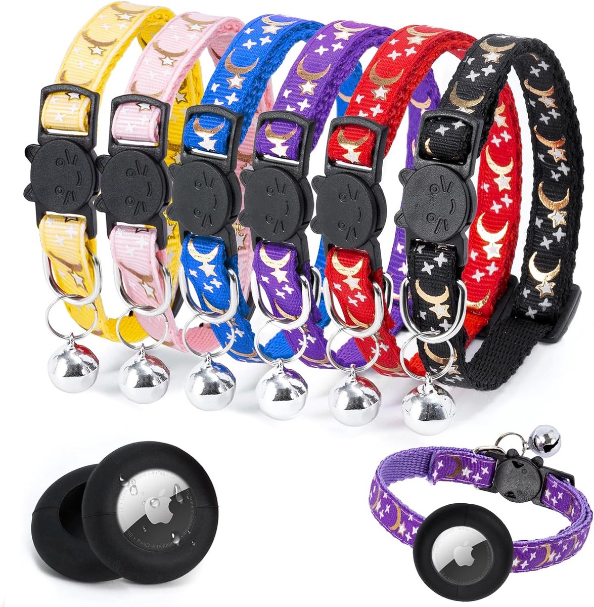 Halsbanden met snelsluiting, reflecterend, met veiligheidsgesp, verstelbaar 20-34 cm, geschikt voor alle huiskatten, puppy's, accessoires (maan)