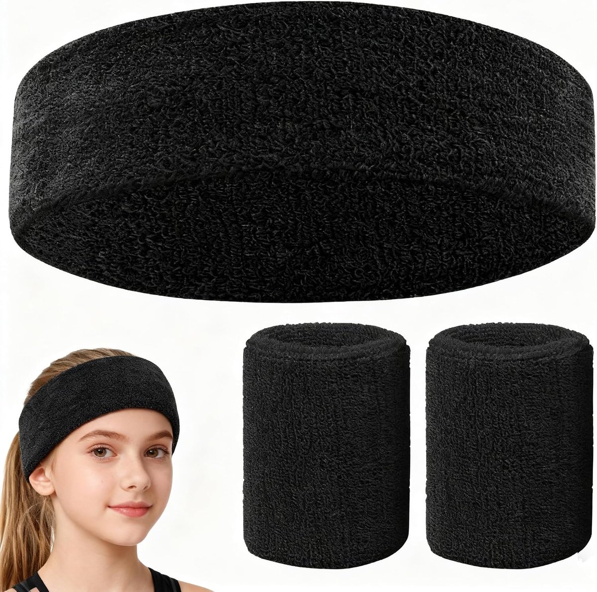 3-delig - Zwarte badstof hoofdband en polsbanden | Premium absorberende antislip sportband voor gym, hardlopen, trainingen voor heren en dames
