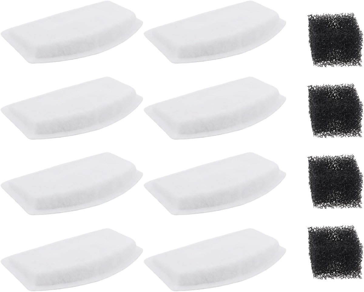 8 stuks waterfonteinfilters voor huisdieren met 4 stuks zwarte spons compatibel met ZeePet 100oz/3L roestvrij staal D60/3L fontein 3,5x2,35x0,47 inch