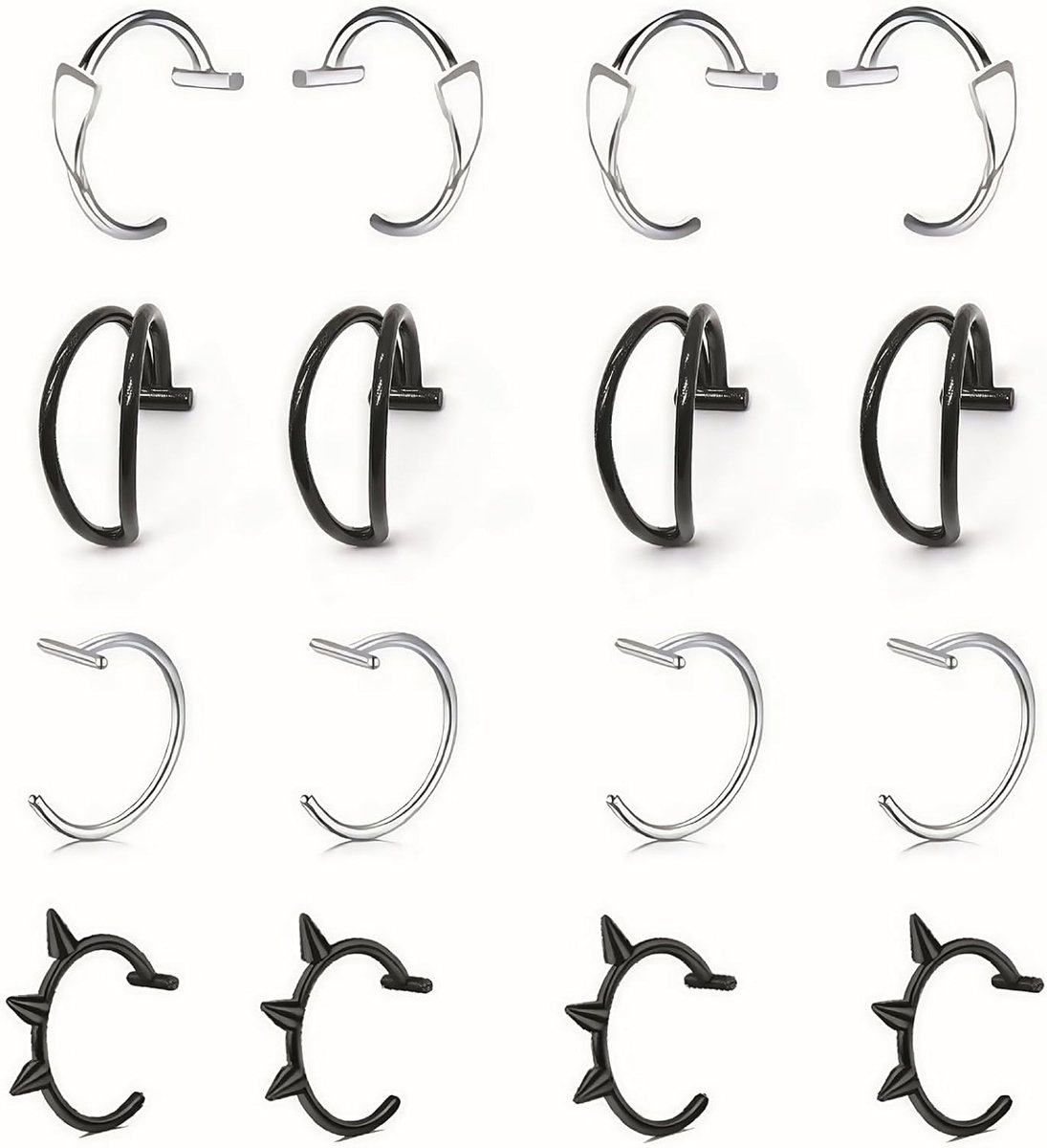 Ssaot 16 stuks valse lippiercing, valse neuspiercing, neusring, lipring, set, lippiercing, uniseks, lippenringen voor septum, oor, helix of