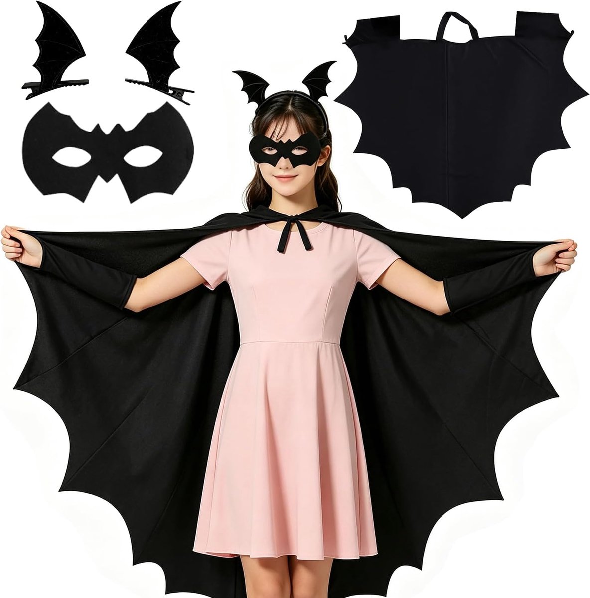 Vleermuiskostuum, Vleermuis Pak, Vleermuiscape Masker Haarspeld, Zwart Vampiervleermuis, Perfect Voor Halloween, Griezelfeest, Carnaval, Rollenspel (4PCS)