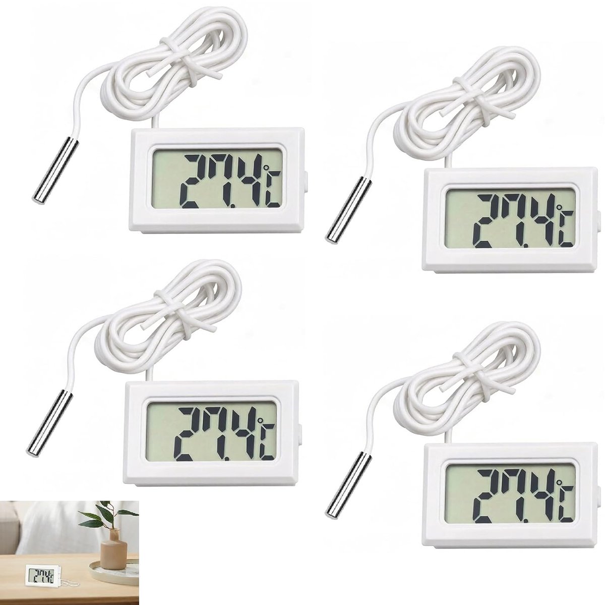 4 stuks digitale thermometer, externe sonde, waterdicht, aquariumthermometer, reptielenthermometer, mini-digitale lcd-thermometer, met kabel van 1 m, voor koelkast, vriezer, kas, wijnkelder en