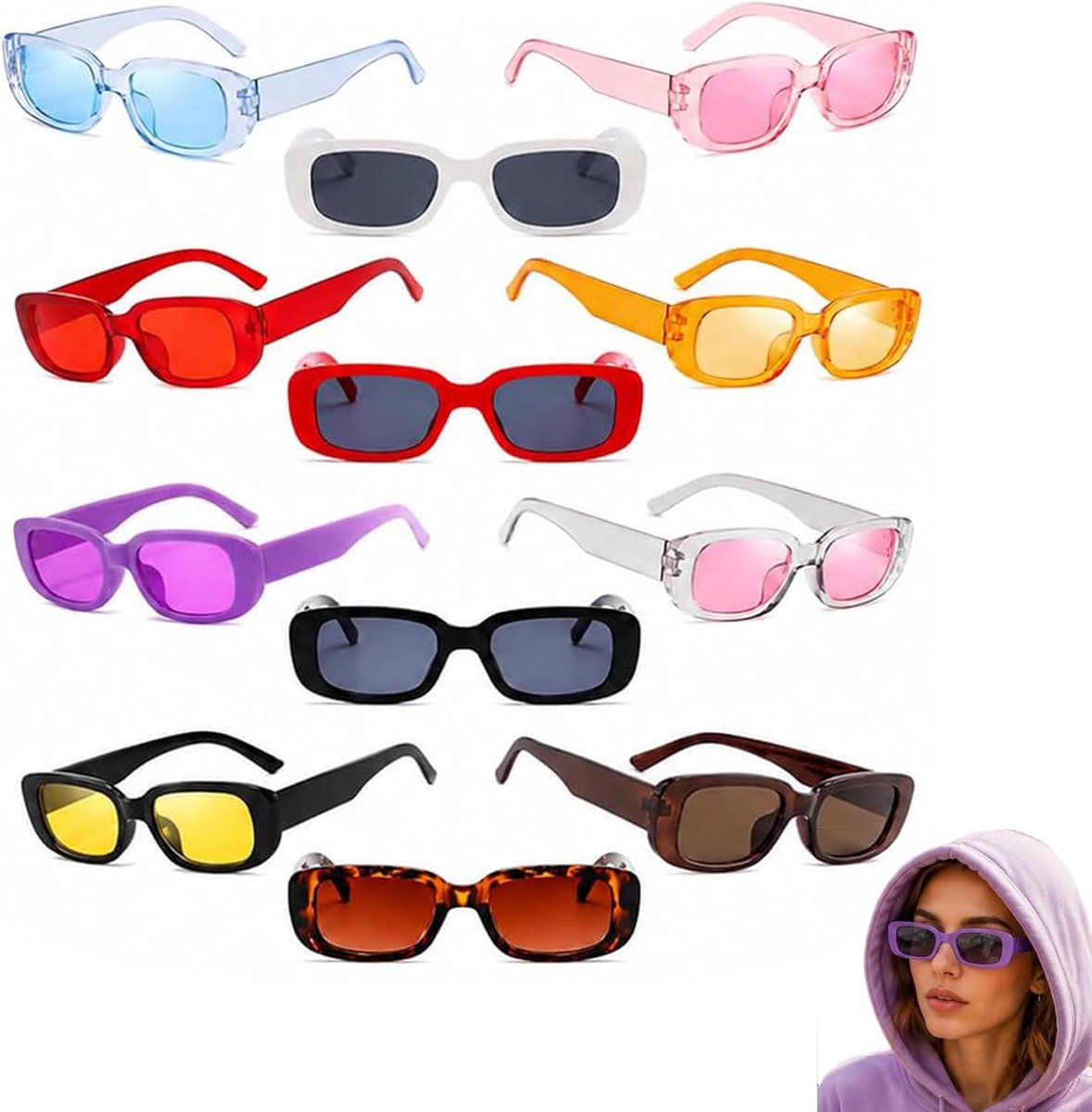 Zonnebrillen Set, Vierkante Jaren 90 Zonnebrillen in Verschillende Kleuren, Lichtgewicht Modieuze Brillen voor Feesten, Verjaardagen, Reizen en Buitenactiviteiten