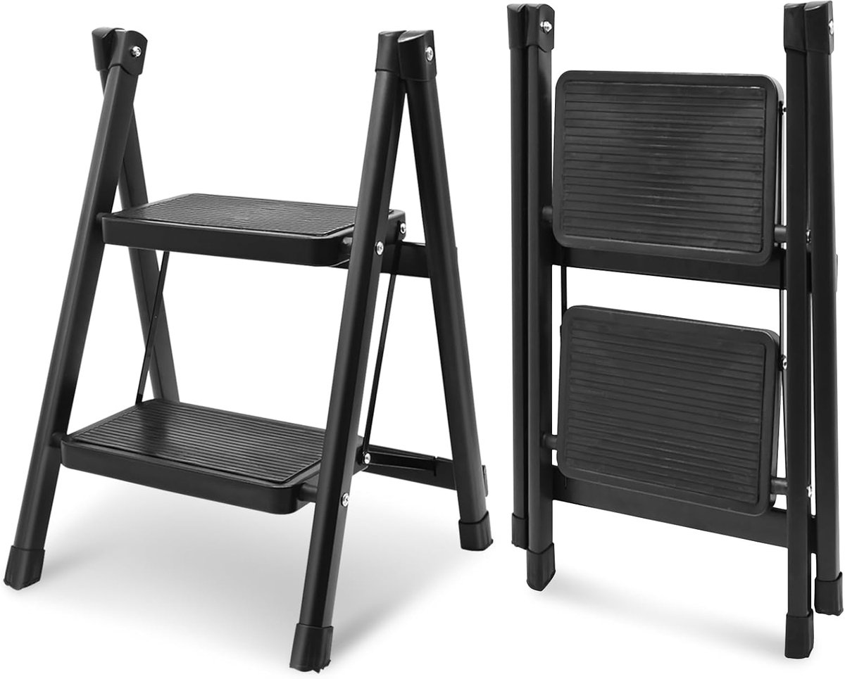 Trapladder met 2 treden, inklapbaar, ruimtebesparend, met brede pedalen en antislip voeten, lichte en draagbare kruk voor thuis, keuken, binnen en buiten, zwart