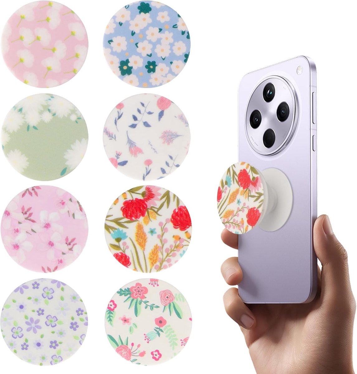8 stuks mobiele telefoongrepen met bloemen, 360° draaibaar, uittrekbaar opvouwbaar draagbare handgrepen voor smartphones en tablets