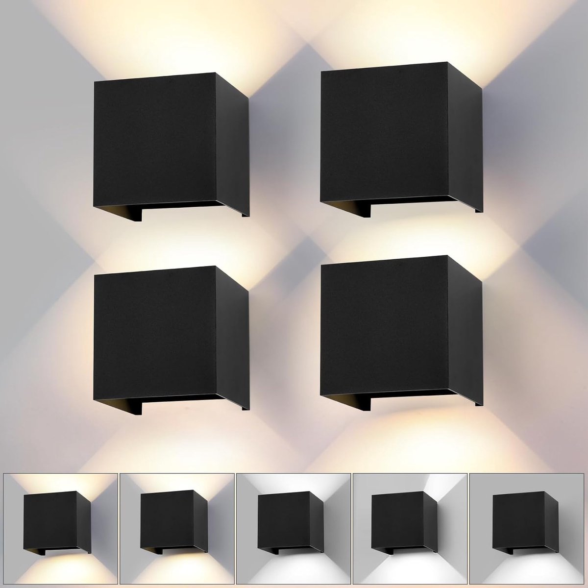 Wandlamp Binnen en Buiten, Set van 4, 15W LED met 3 Lichtkleuren, IP65 Waterdicht, 120° Verstelbaar, Boven- en Onderverlichting, Zwart