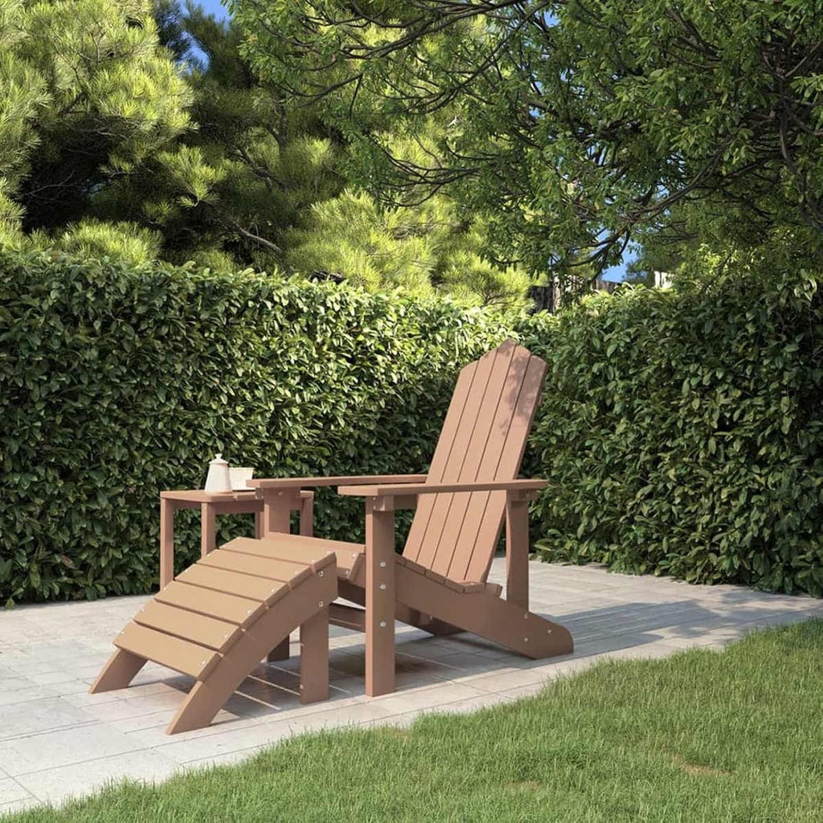 Adirondack Tuinstoel met voetensteun, HDPE, tuinstoel in Adirondack-stijl, zonnebed voor buiten, ligstoelen met bijzettafel, Adirondack bruin