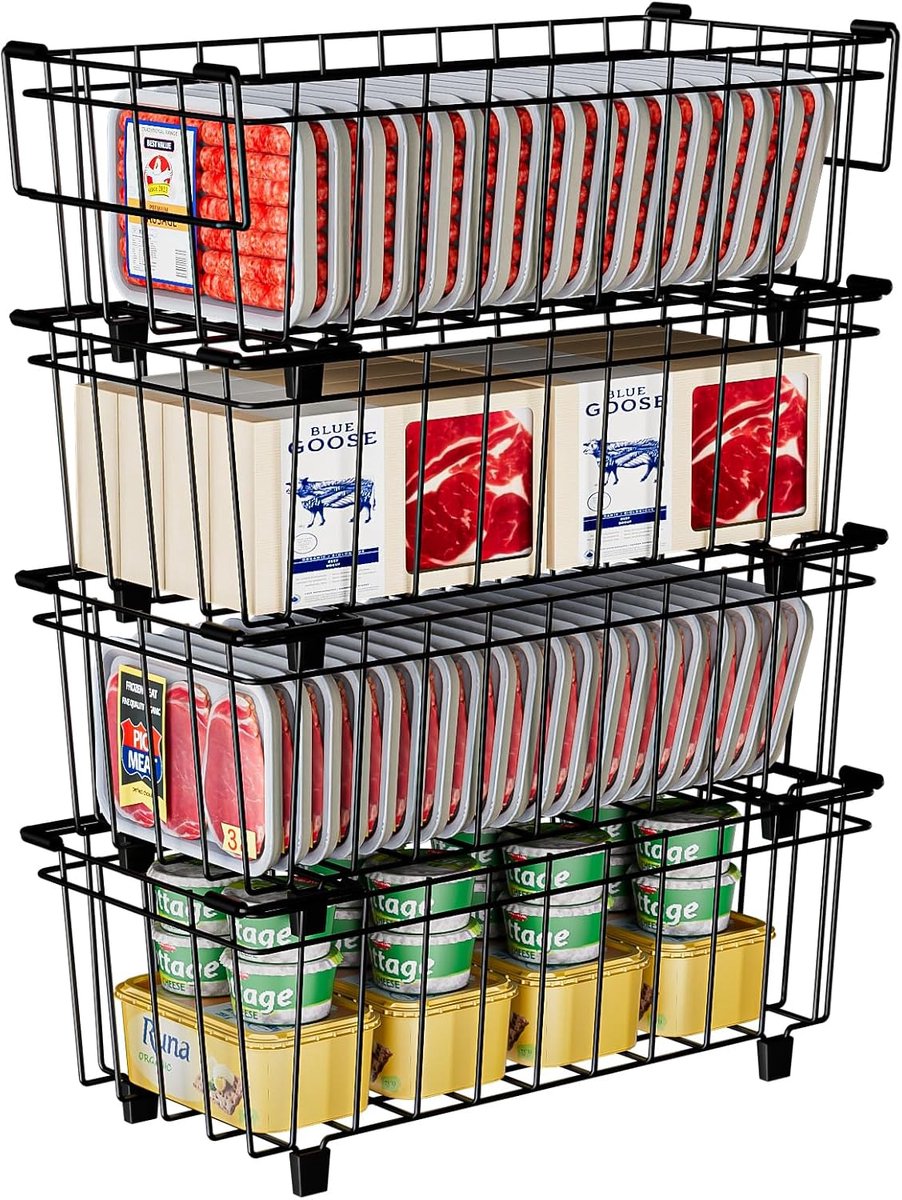 Vriesmandjes, diepvrieskast, organizer, draadmand, vierkant, stapelbaar, metalen opbergmand, met handgrepen, gemakkelijk te verplaatsen, zwart, verpakking van 4 stuks