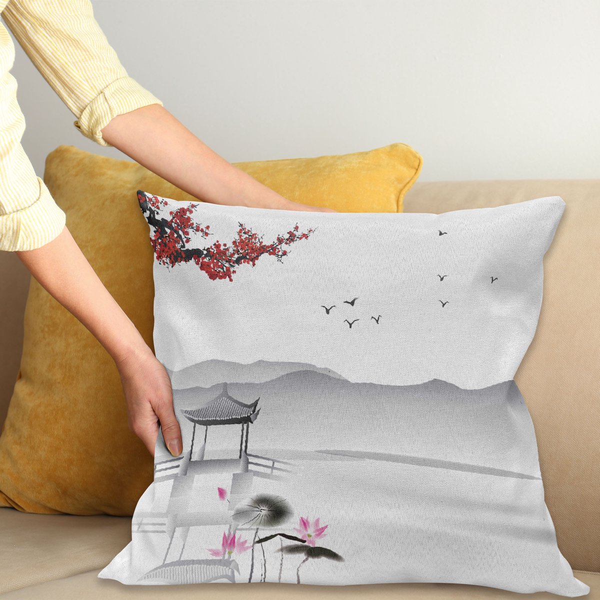 ABAKUHAUS Asian Sierkussenhoes, Japans Stijl Tuin Vogel en Small Pavilion Over de Meer Lotus Waterlily, Decoratieve Vierkante Sierkussenhoes, 45 x 45 cm, Grijs Roze