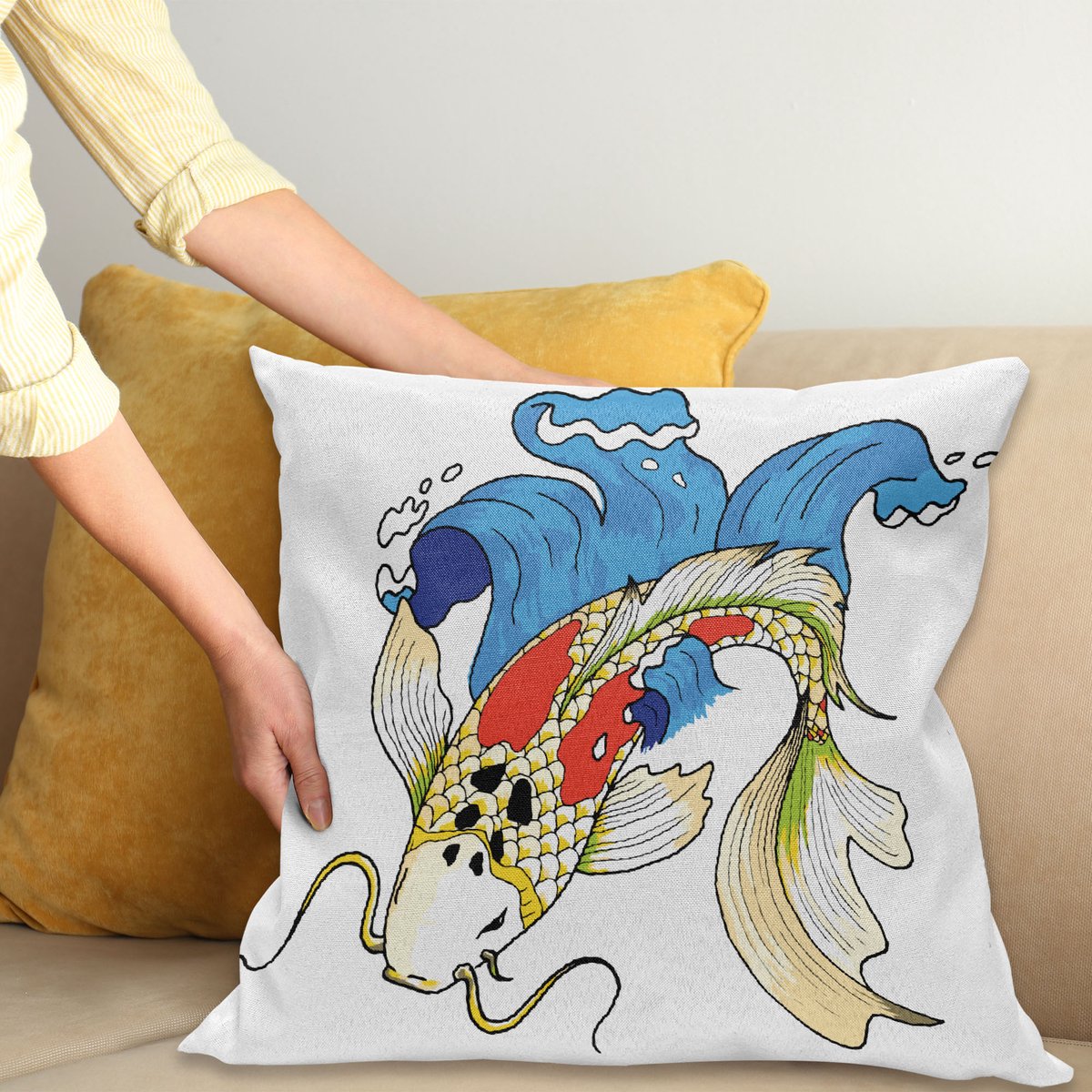 ABAKUHAUS Koi Vis Sierkussenhoes, Mystical Koi Common Carp Vis in Golven Chinese Zee Creature Oosters Afbeelding, Decoratieve Vierkante Sierkussenhoes, 60 x 60 cm, Blauw