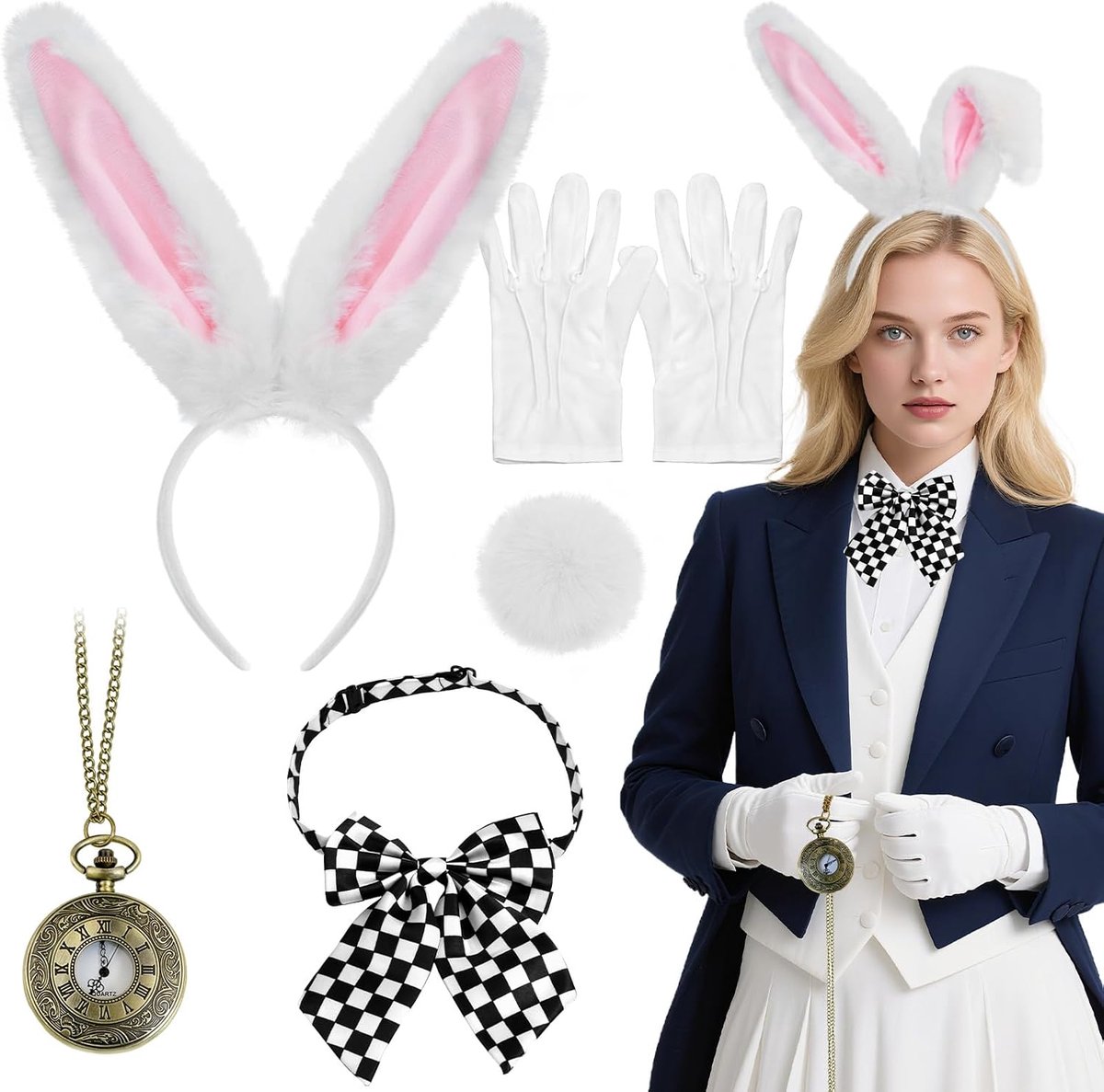 Kostuum, 5-delige Bunny Accessoireset met Haarband, Strik, Staart, Handschoenen en Zakhorloge voor Dames en Cosplay