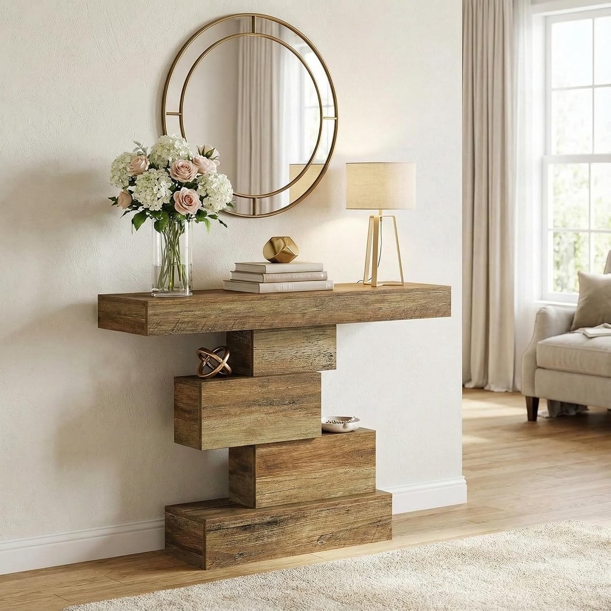 108cm Console Table, Haltafel Industrieel, Sidetable Hout, Console Table With Storage, Sofa Back Table, Smalle Gangtafel, 108 x 30 x 80 cm, Rustic Brown