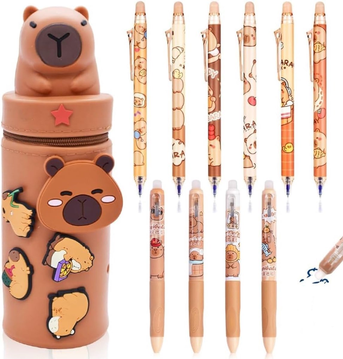 pennenetui voor school, 2-in-1 van zachte siliconen + 10 intrekbare, uitwisbare pennenhouder, pennenhouder voor tafel, ritssluiting, etui dieren Capybara, Donker bruin, PICCOLO, haai