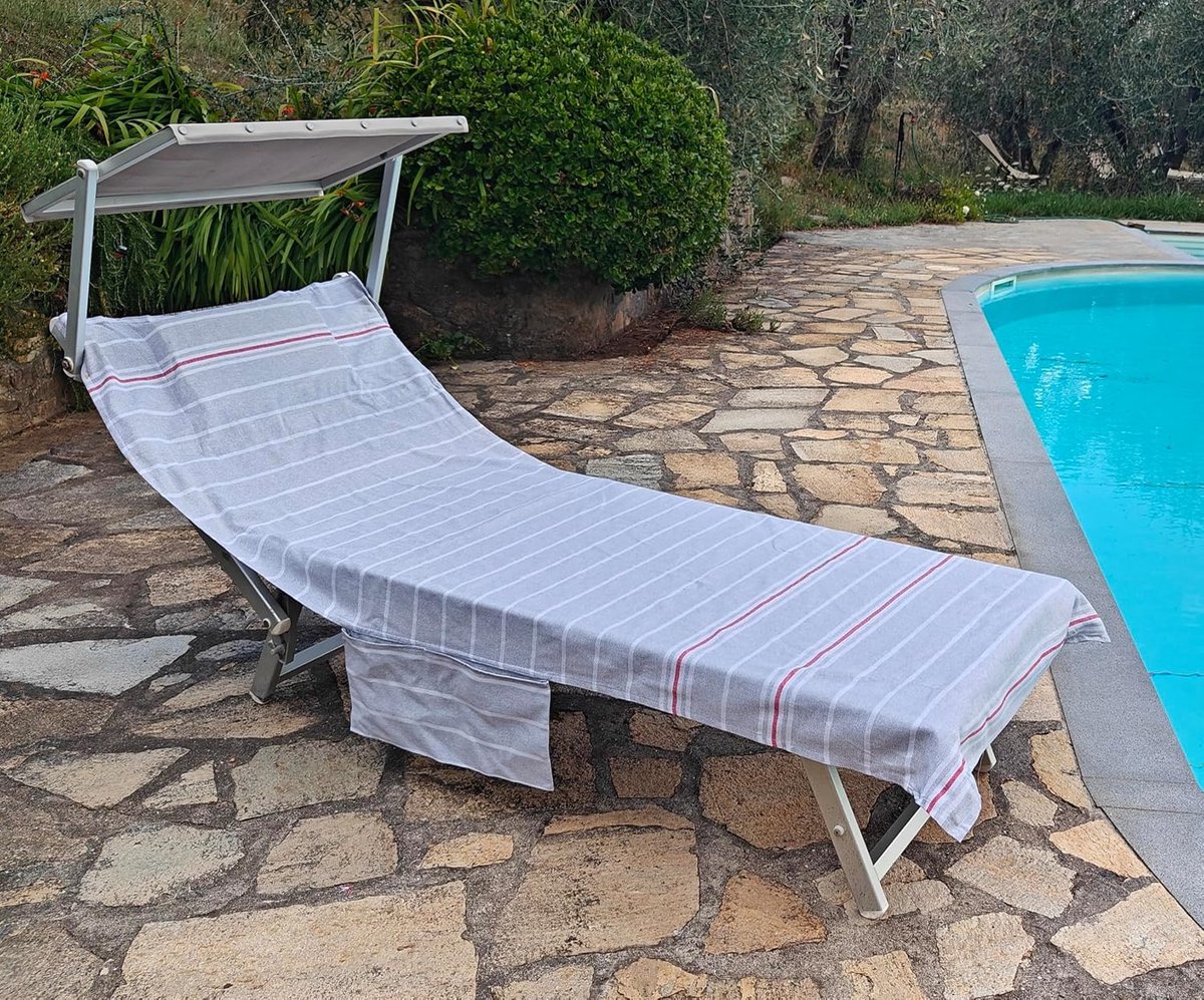 Strandlaken voor ligstoel RIVIERA 75x195cm Katoenen stof, gestreept design/Strandlaken met kussen, zakken en draagtas/Grijs en rood