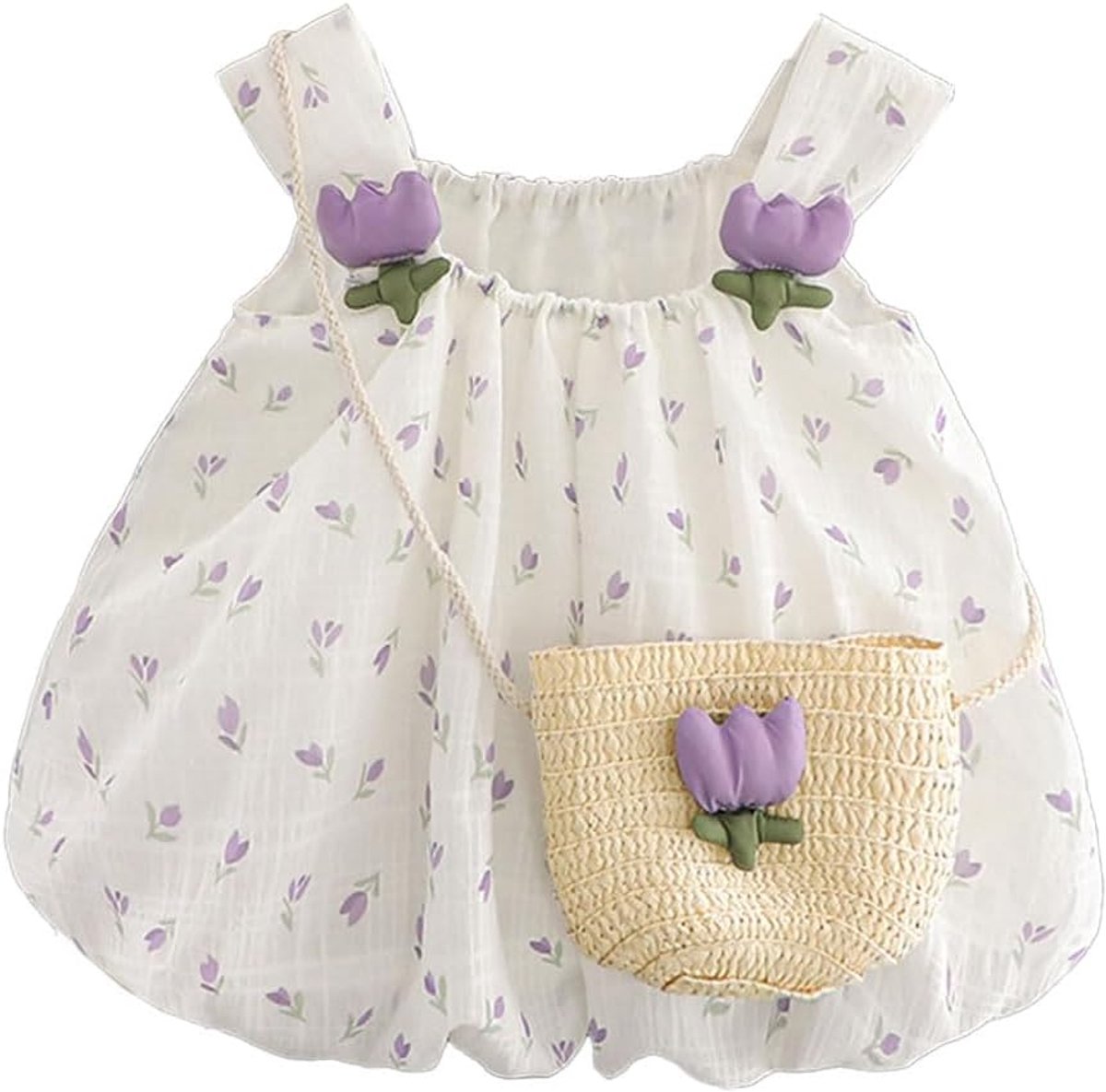 Zomerjurk voor Peuters en Babymeisjes, Tulpenprinsessenjurk, Mouwloze Jurk met Bloemenprint en Pofmouwen, Elastische Hals + Tulpenzakje voor Strandverjaardagsfotoshoot, 1-7 Jaar, Paars