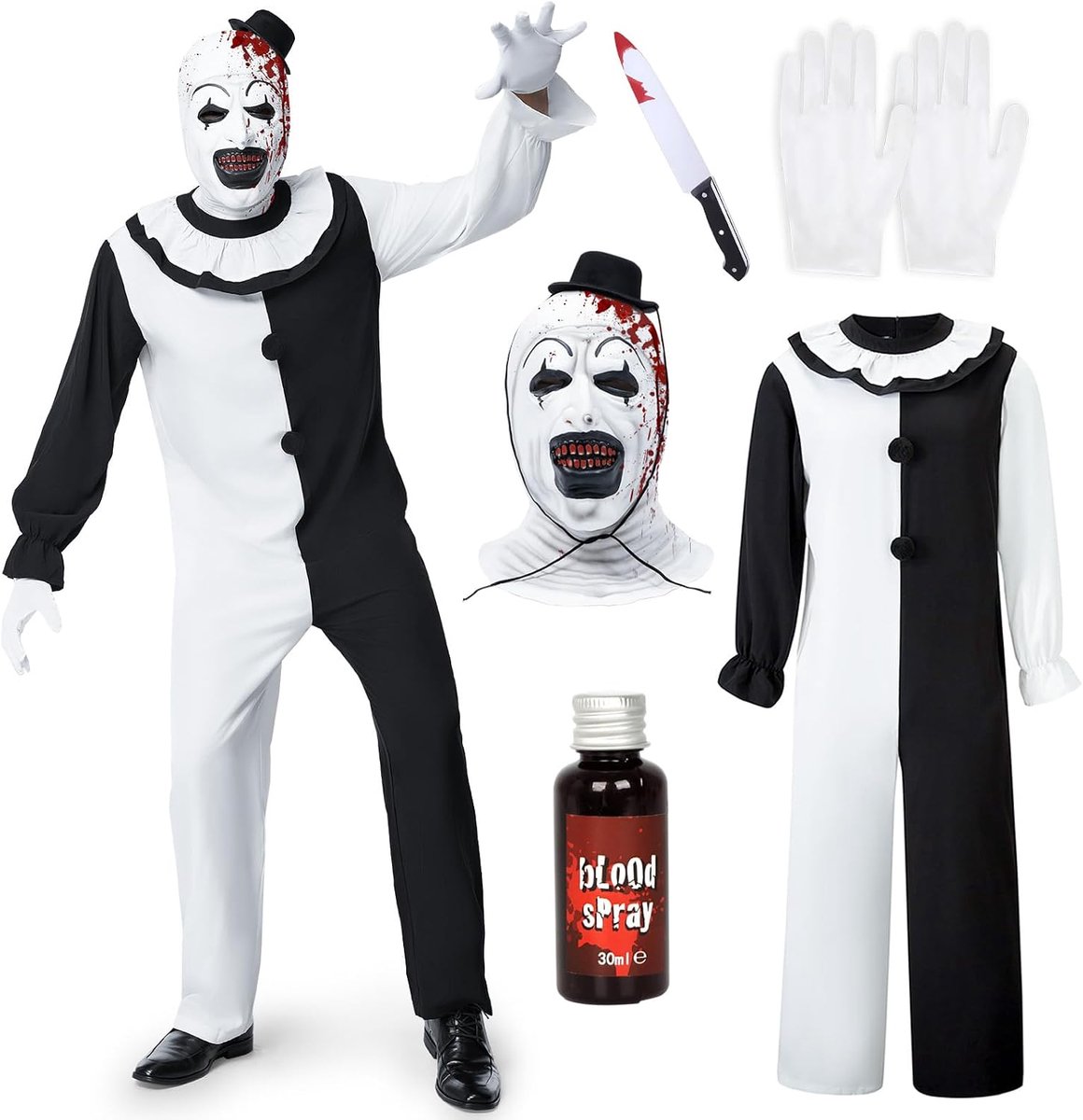 Killer clownskostuum voor heren, Halloween terrifier kostuum heren stijl the clown jumpsuit set met zwart-wit jumpsuit en horror terrifier hoed masker voor Halloween carnaval