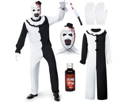 Killer clownskostuum voor heren, Halloween terrifier kostuum heren stijl the clown jumpsuit set met zwart-wit jumpsuit en horror terrifier hoed masker voor Halloween carnaval