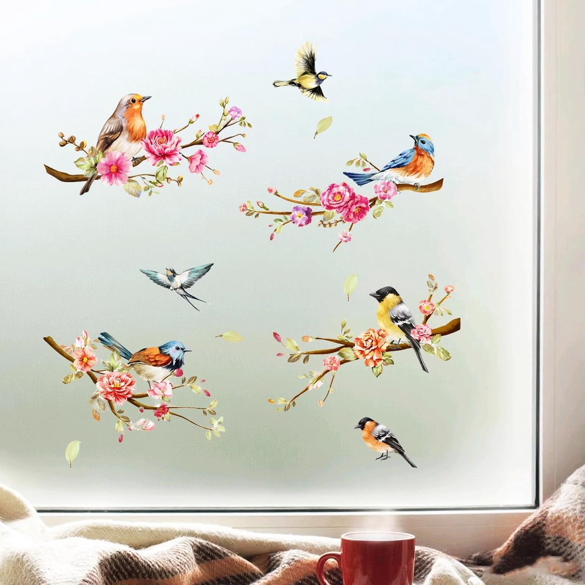 3 stuks Bloemige raamdecoratie, glas sticker raamsticker dubbelzijdig met takken, bloemen, vogels voor de glasraamdecoratie in het homeoffice (K, 30×60 cm)