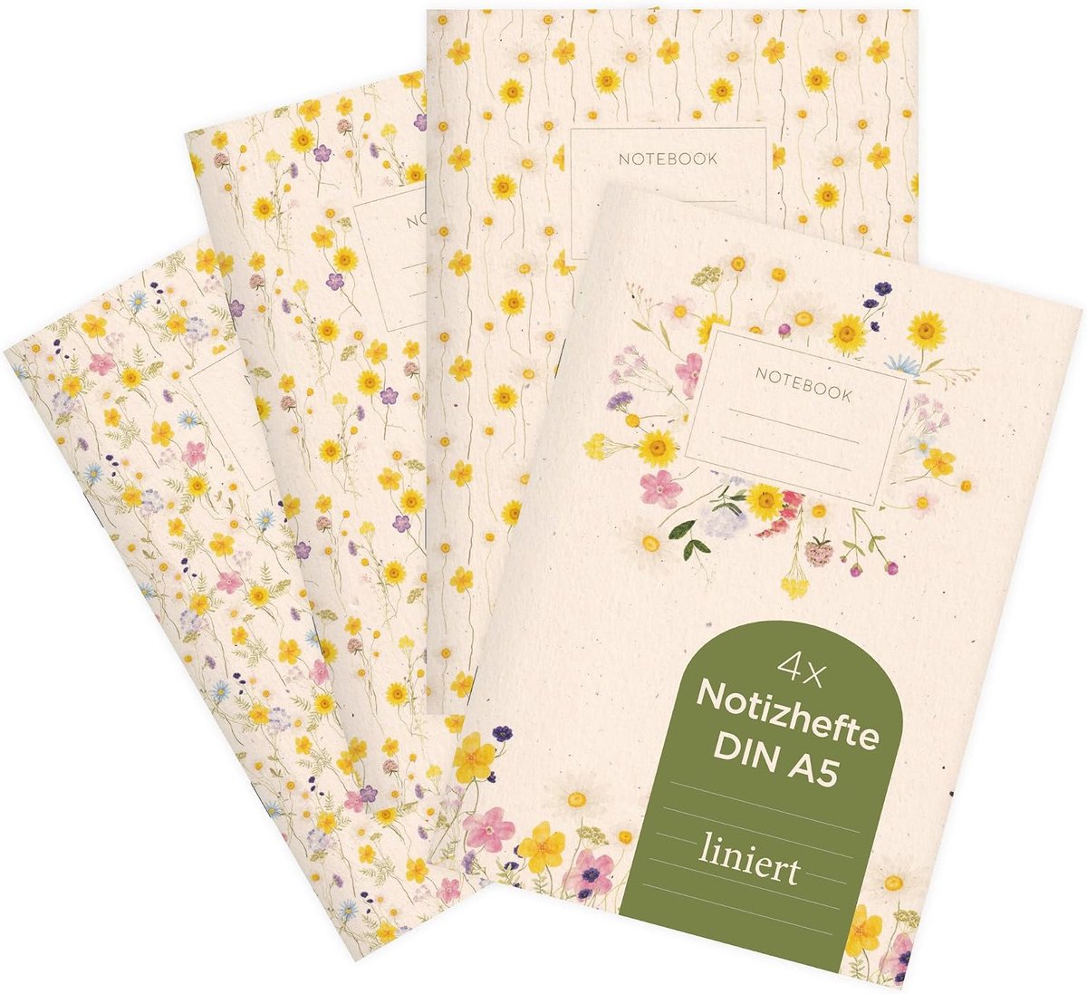 1072 Set van 4 notitieboekjes, A5, weidebloemenpatroon, aquarel, voor notities, schetsen, bullet journal en planningen, wilde bloemen, gelinieerd