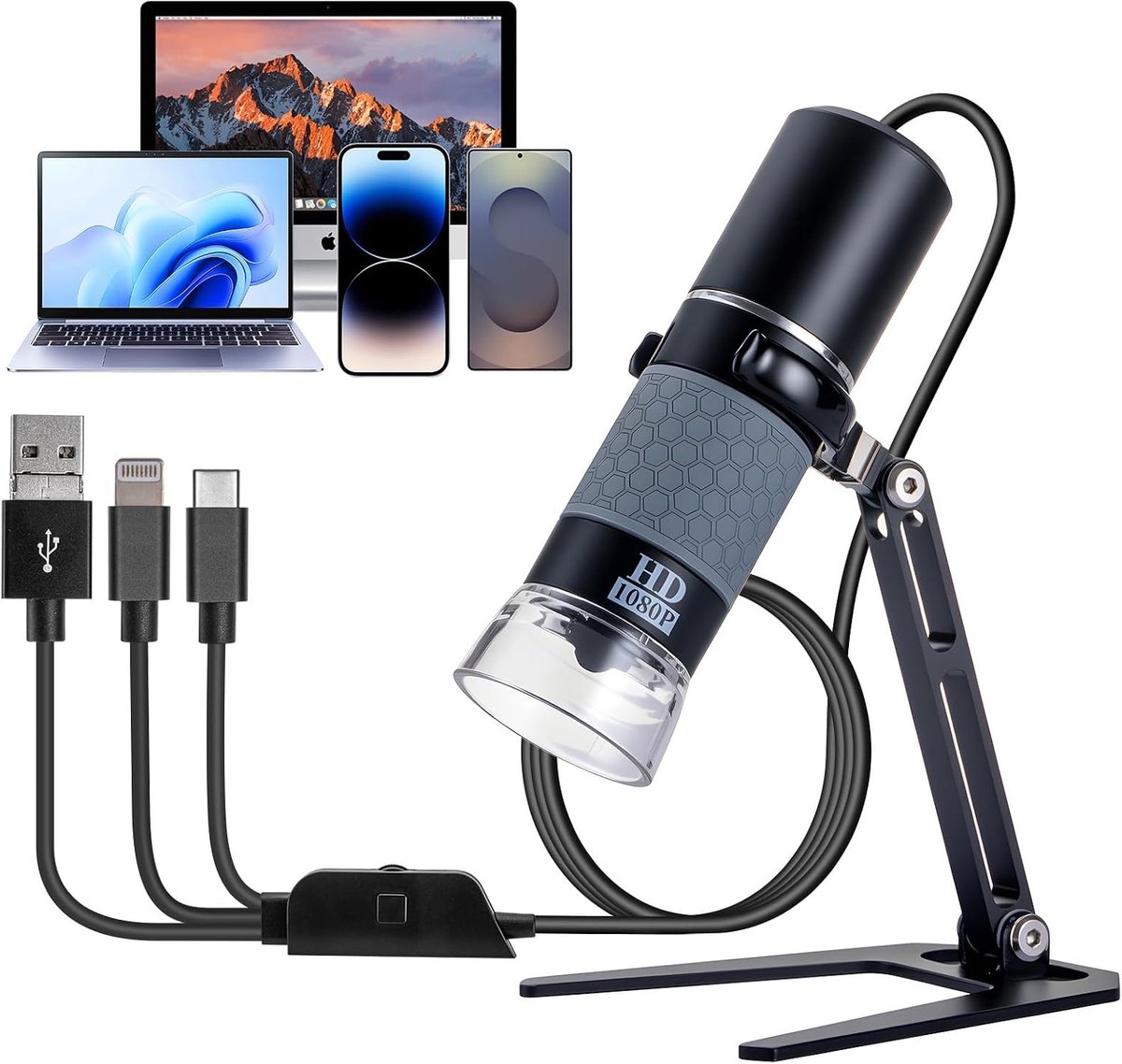 compatibel met iPhone Android telefoon tablet en Windows Mac PC, HD 1080P bedrade digitale microscoop camera voor volwassenen en kinderen