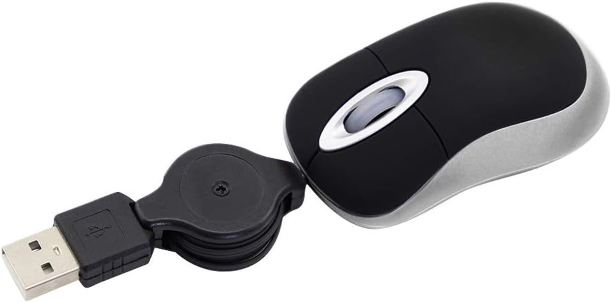 Muis, intrekbare 70 cm USB-kabel, 1600 dpi, draagbaar, ergonomisch, kleine tas, reismuis, voor kinderen, kleine handen, voor Win98/Win7/2000/ME/XP/VISTA, laptop/pc (zwart)