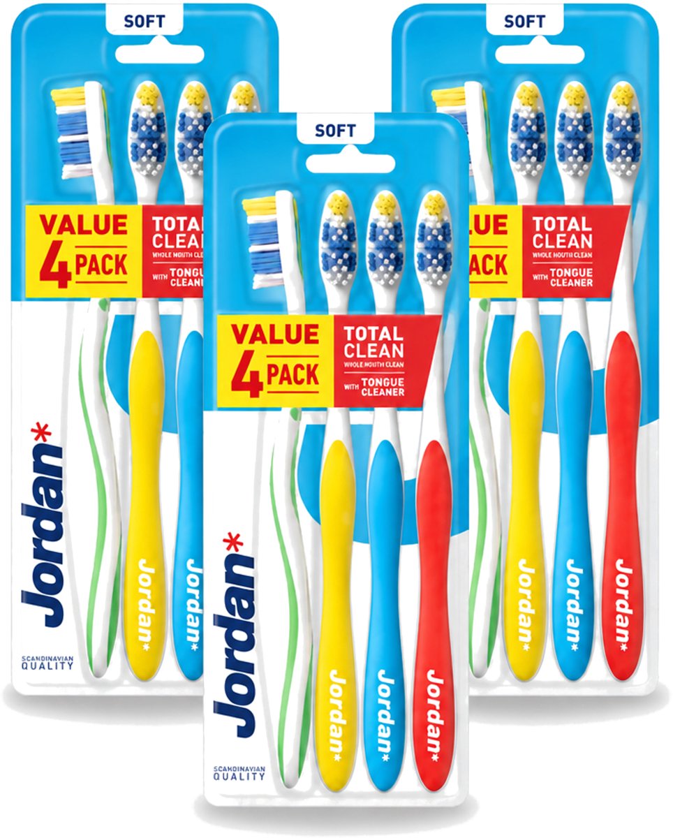 3 x Jordan - Total Clean - Tandenborstels Soft - 4 Tandenborstels - Bulkverpakking - 3 stuks