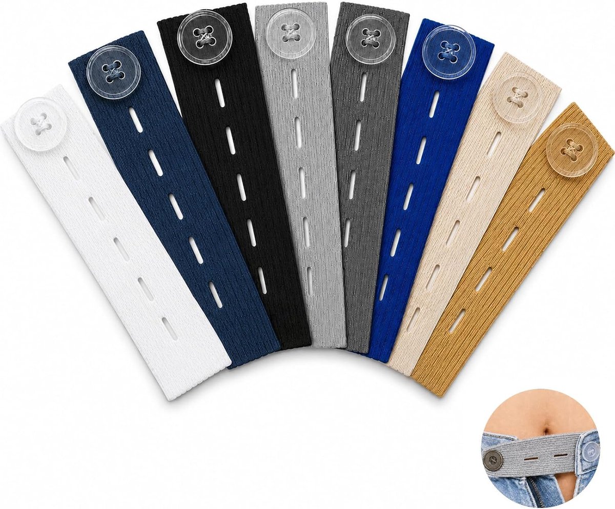 8 stuks, elastische broekbandverlenging, 8 stuks, elastische knoopverlenging voor jeans en broeken, verstelbare broekverbreding voor dames (transparante knop)