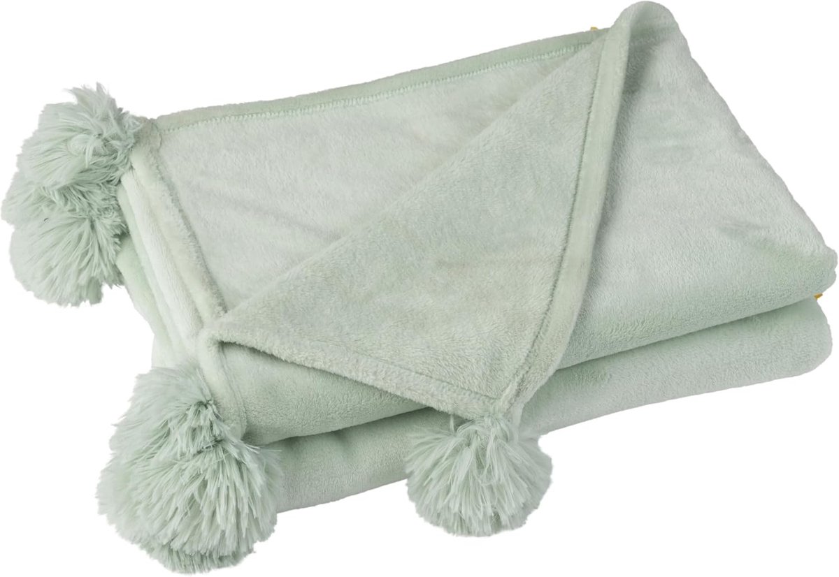 Plaid Pompom - Fleece Deken – Polyester – 170x130 cm – Licht Groen