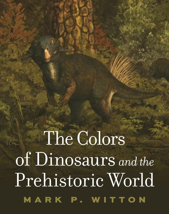 Un dinosaure avec des cornes et une queue épineuse se tient dans une forêt. Titre : The Colors of Dinosaurs and the Prehistoric World.