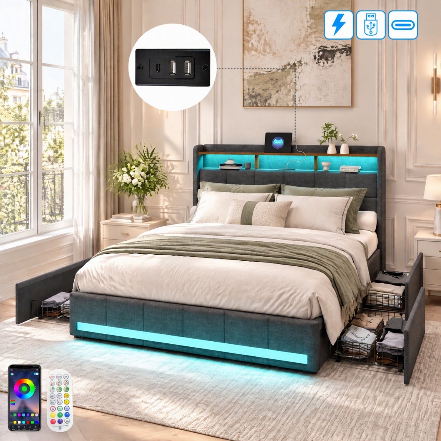 Yelenaro Gestoffeerd tweepersoonsbed 180x200 cm, Bedframe met lattenbodem en 4 lades, Hoofdeinde met opbergruimte, LED-verlichting en USB-aansluiting, Linnen, Grijs