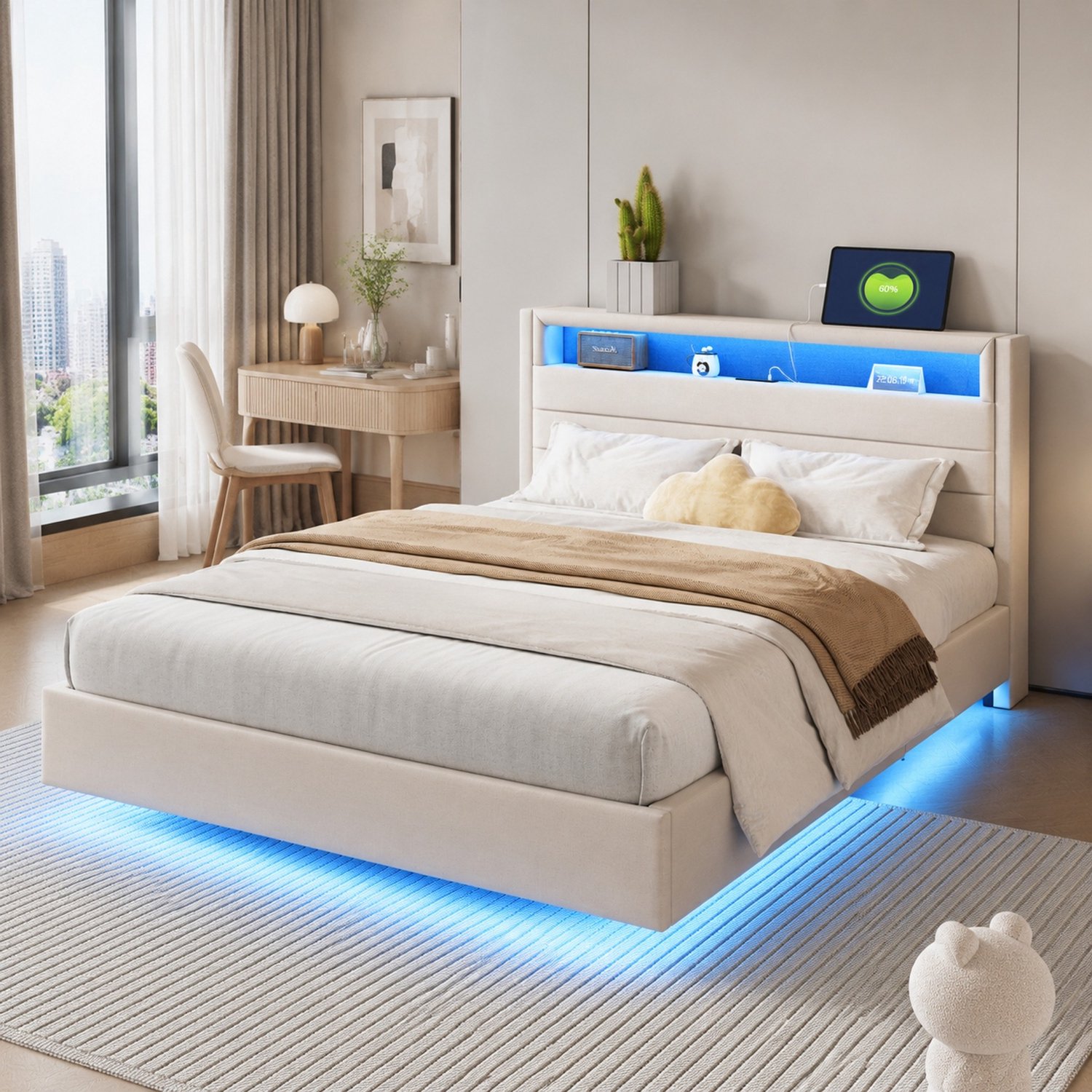 Maisentiel Gestoffeerd tweepersoonsbed 140 x 200 cm - beige - opberghoofdeinde, USB en LED