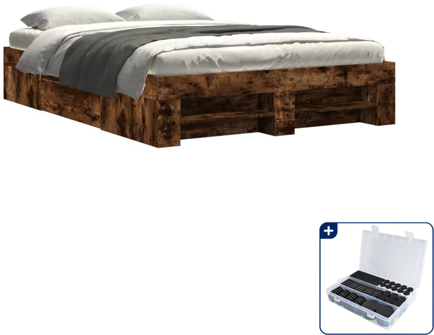 vidaXL bedframe - 140 x 190 cm - bewerkt hout - gerookt eiken - Inclusief antikrasvilt 177-delig Bruin