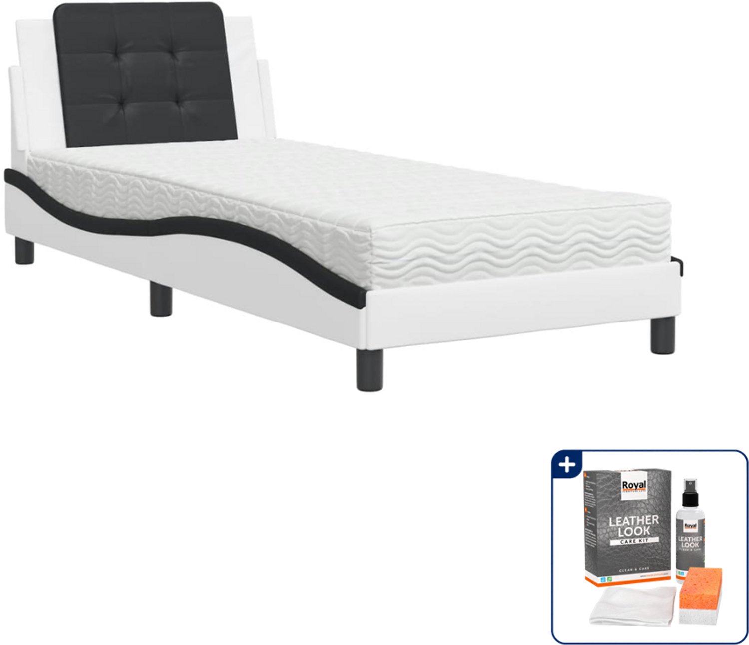 vidaXL Bed Zadar met matras - 90 x 200 cm - kunstleer - zwart en wit - Inclusief onderhoudsset voor kunstleer 150 ml Bruin