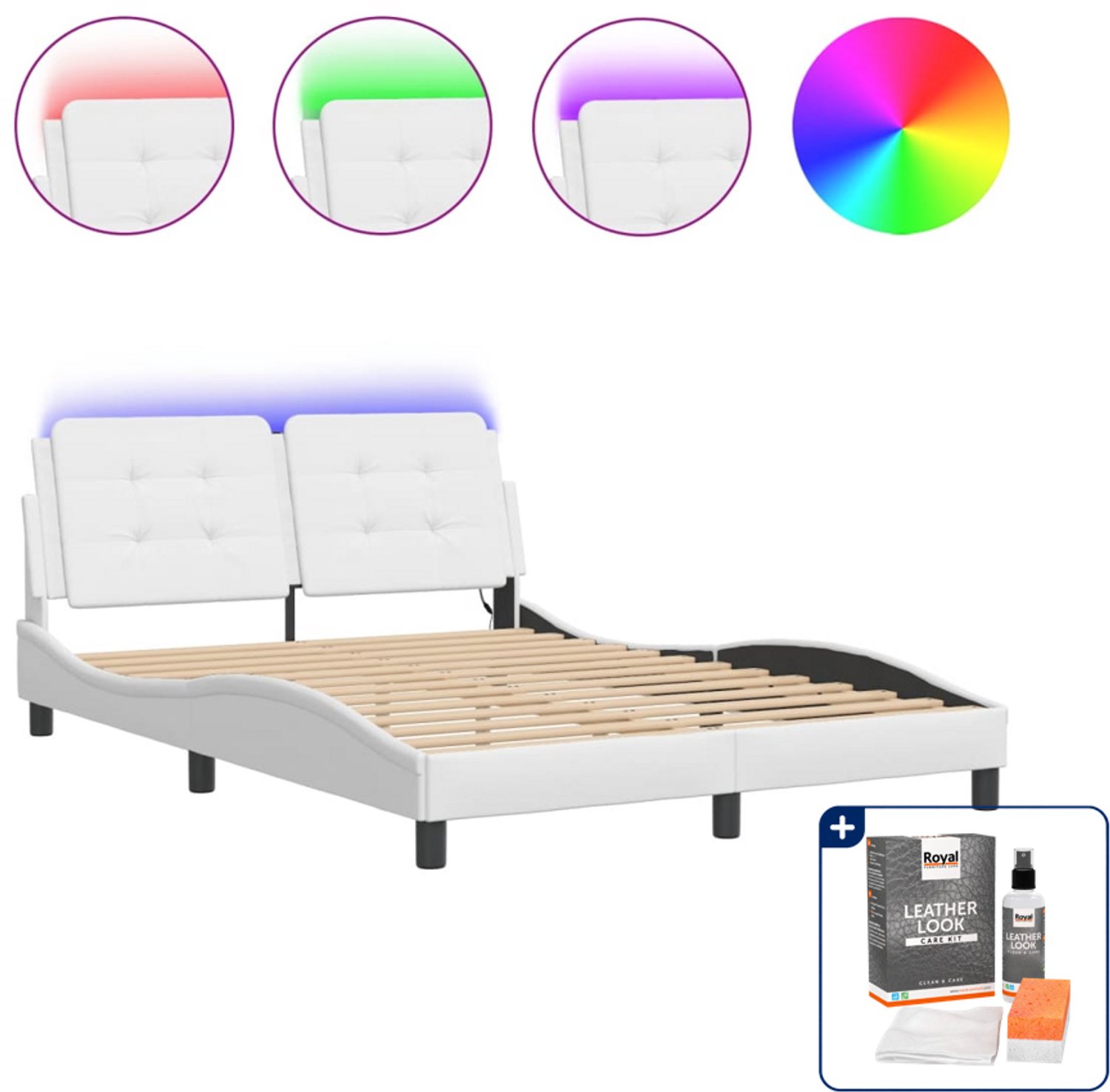 vidaXL Zadar bedframe met LED - Small double - 140x200 cm - wit - Inclusief onderhoudsset voor kunstleer 150 ml