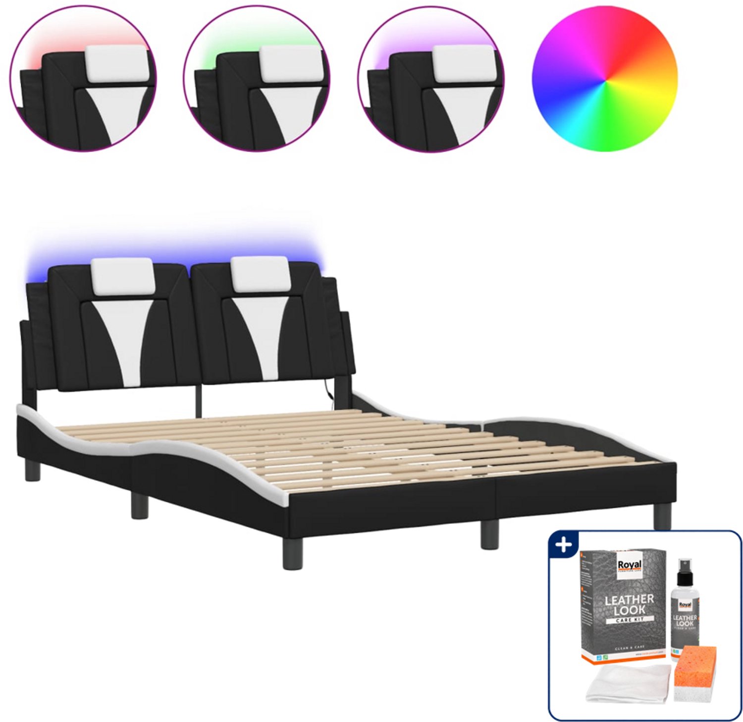 vidaXL Viana bedframe met LED - 120 x 200 cm - zwart en wit - Inclusief onderhoudsset voor kunstleer 150 ml