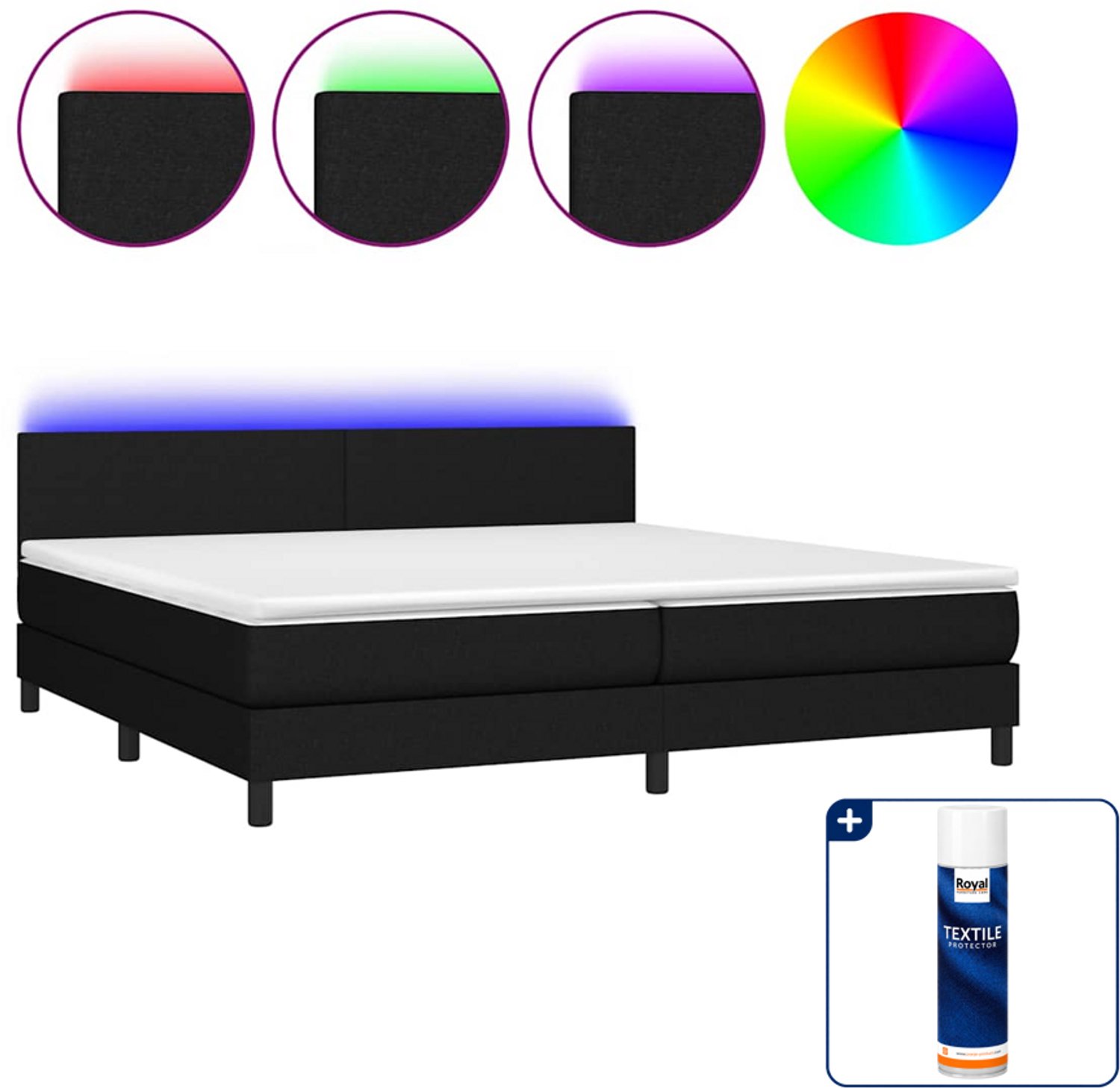 vidaXL Boxspring met matras en LED - Super kingsize - 200x200 cm - zwart - Inclusief textielbeschermer 500 ml