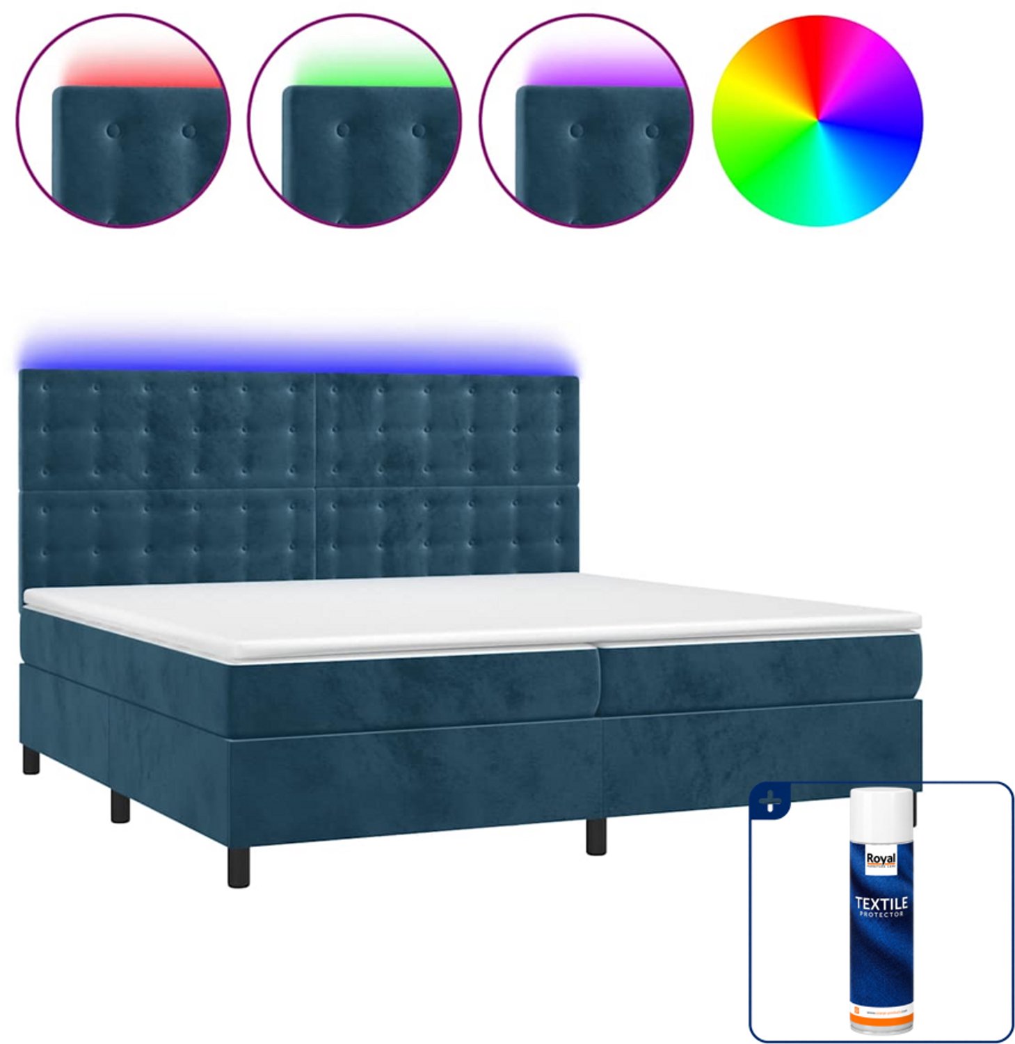 vidaXL boxspring met matras en LED - Super kingsize - donkerblauw - Inclusief textielbeschermer 500 ml