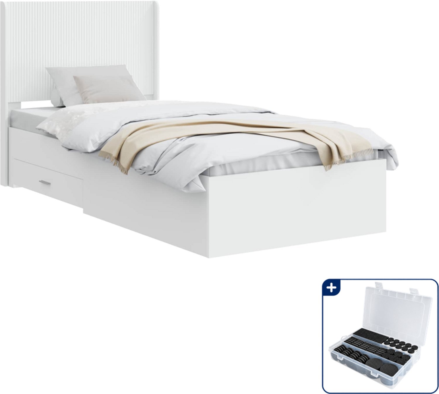 vidaXL bedframe met opbergruimte - 90 x 190 cm - bewerkt hout - wit - Inclusief antikrasvilt 177-delig