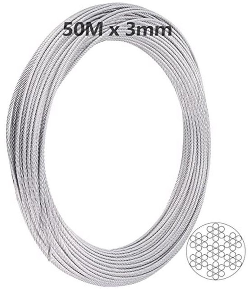 50m x 3mm roestvrijstalen kabel voor buitengebruik - staalkabel voor gordijntouw, ophangen en meer