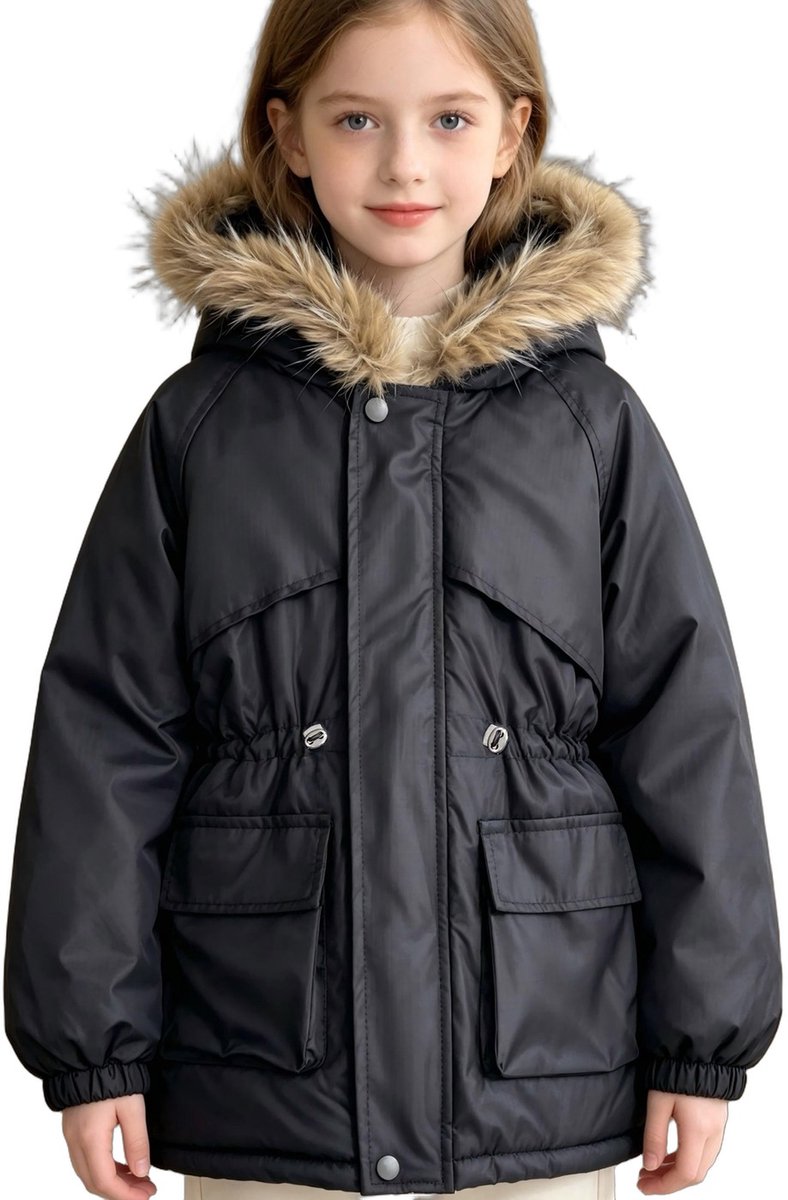 Currero Winterjas Parka Meisjes Lange Jas Meisje Wintermantel Overjas Gewatteerd Waterdicht Winter Stijlvol Mantel Kinderen 13 Jaar Zwart
