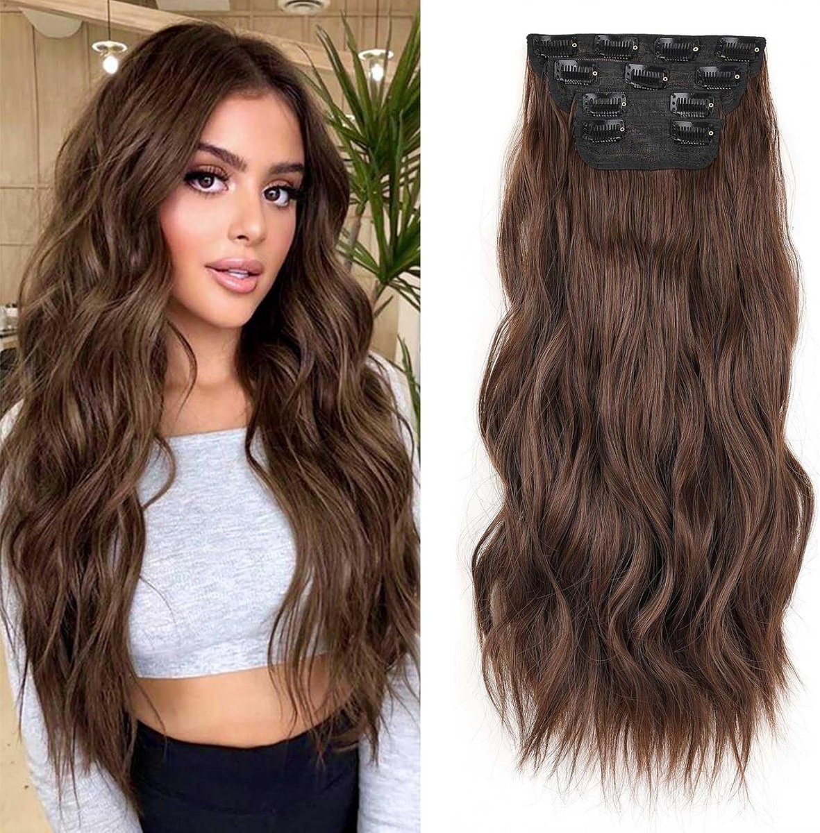 16 Inch Donkerbruin Clip-In Haarextensions voor Vrouwen en Meisjes - 4 Dikke Krullen in Volledige Set, Synthetisch Haar voor Volumineuze Styling
