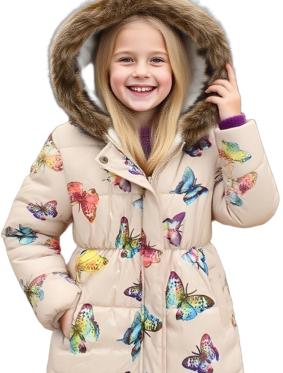 Currero Winterjas Parka Meisjes Lange Jas Meisje Wintermantel Overjas Gewatteerd Waterdicht Winter Stijlvol Mantel Kinderen 5-6 Jaar Gebroken Witte Vlinder