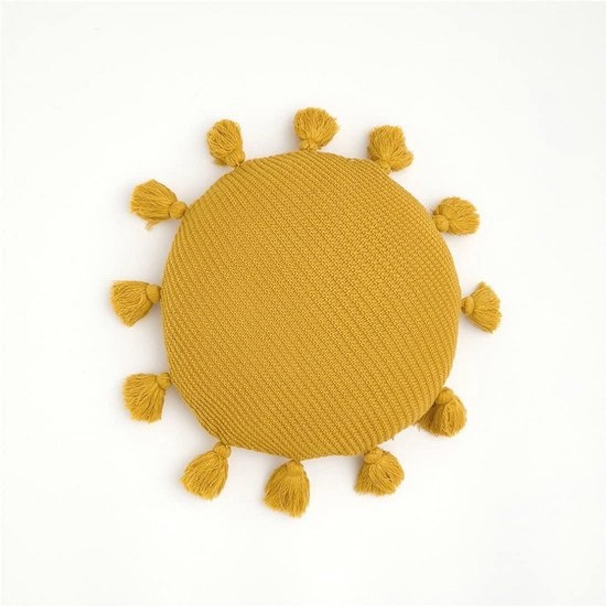 Decoratief rond sierkussen met franjes en getextureerde inzetstukken - Geel, Diameter 40,6 cm voor Slaapkamer, Woonkamer en Balkon
