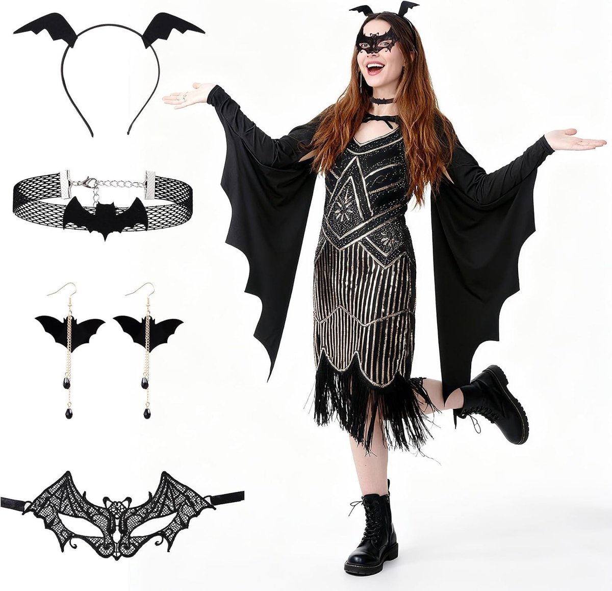Vrouwelijk vleermuis kostuum met oorbellen, cape, kantmasker en haarband voor Halloween en carnaval